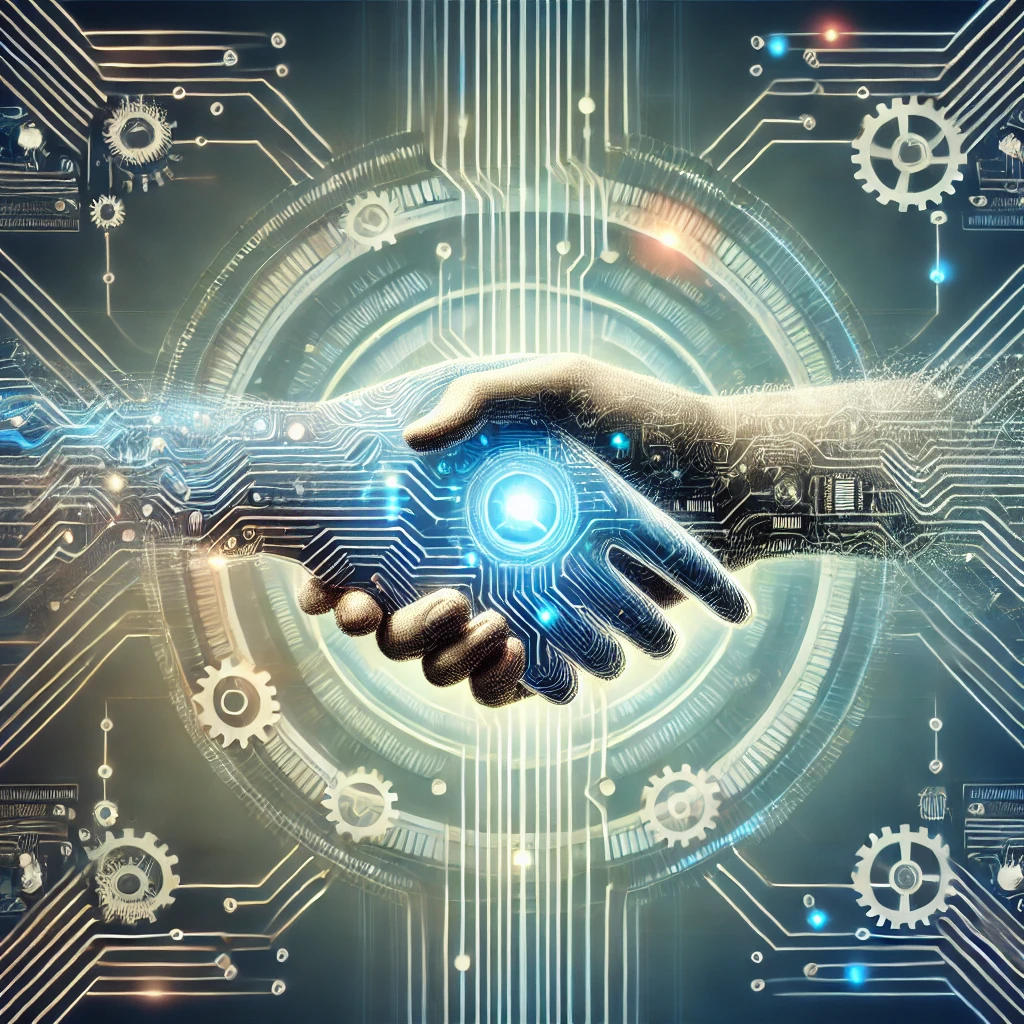 An AI generated image showing a handshake between a human hand and a blue-glowing robot/AI hand. The image has visual elements of gears and circuitry.