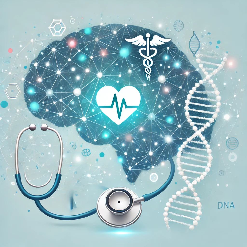 An AI generated image with the prompt A semi-abstract illustration of a neural network interwoven with healthcare elements, such as a stethoscope, DNA strand, and a glowing heart. The design uses soft blues, teals, and white tones, with a futuristic and clean aesthetic, symbolizing the integration of AI into healthcare and research